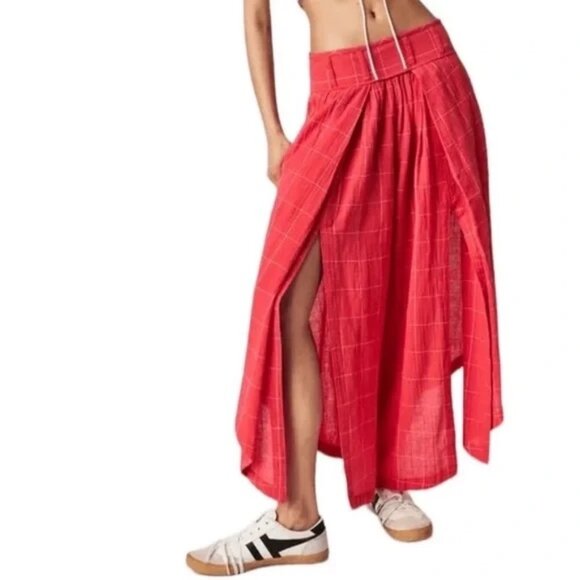 Free People Pants - Free People Lunar Cove Wide-Leg Pants Red Combo Sz Medium Boho Plaid Size Small